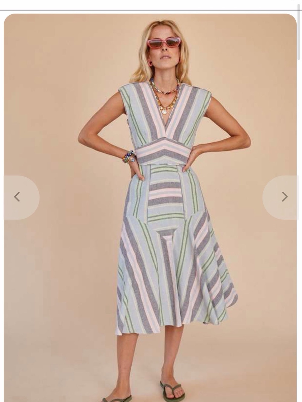 HUNTER BELL Striped V‑Neck Midi Dress in Pastel Blue & Green